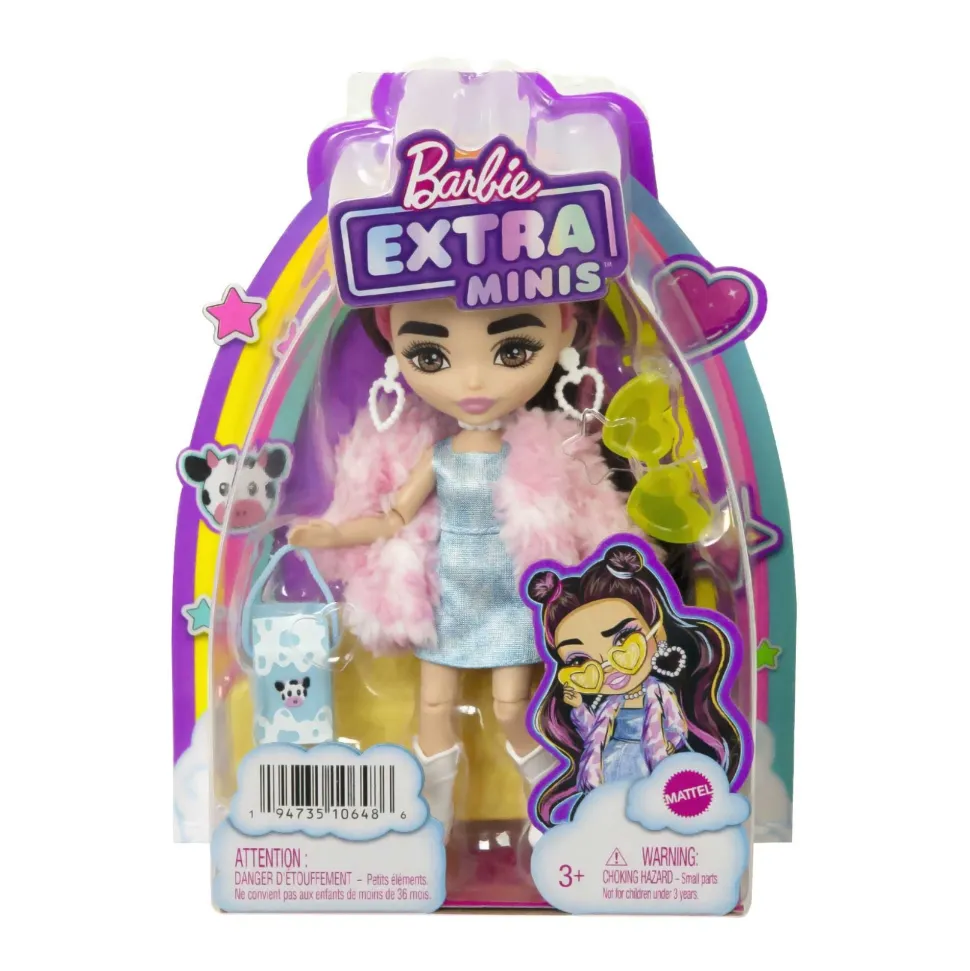 Barbie Extra Minis Doll Denim Dress With Pink Fur Coat Flash Sale